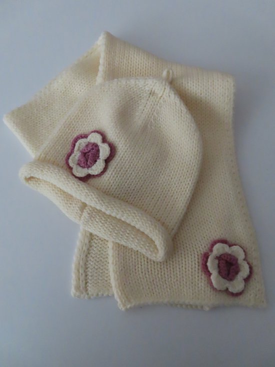 Muts + sjaal - Meisjes - ecru met roze bloem - 40 - 3 / 9 maand