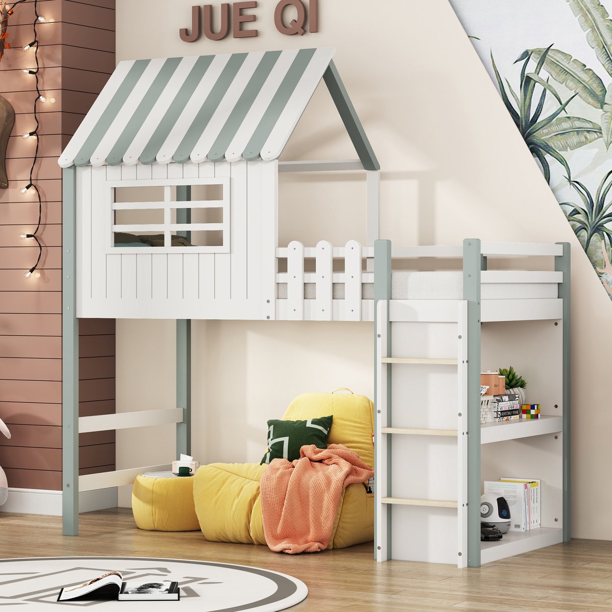 Sweiko Kinderbed - 90 x 200 cm - Hoogslaper - Massief houten + MDF - Groen en Wit