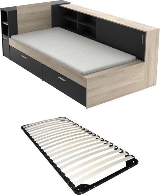 Bed 90 x 200 cm met opbergruimte - Zwart en naturel + Bedbodem - LIARA L 229.4 cm x H 87.7 cm x D 119.2 cm