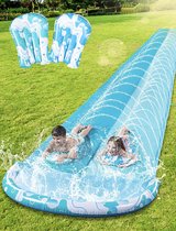 Dubbel Waterglijbaan - Met Sproeier - 2 Slip Opblaasbare Kussens - Voor Buiten - Blauw