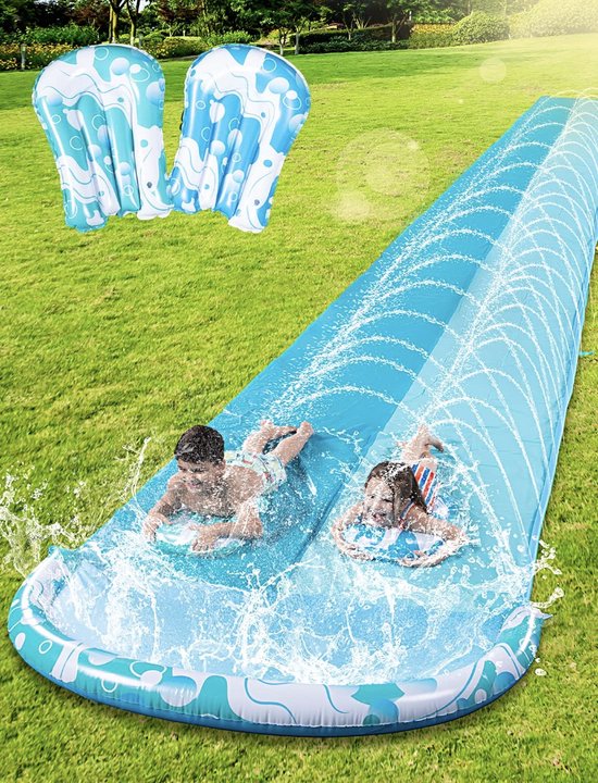 BuzzoXerex 950 cm waterglijbaan, 1,55 m glijbaan voor gazon, dubbele waterglijbaan met 2 opblaasbare planken voor gazon en waterspelletjes buiten