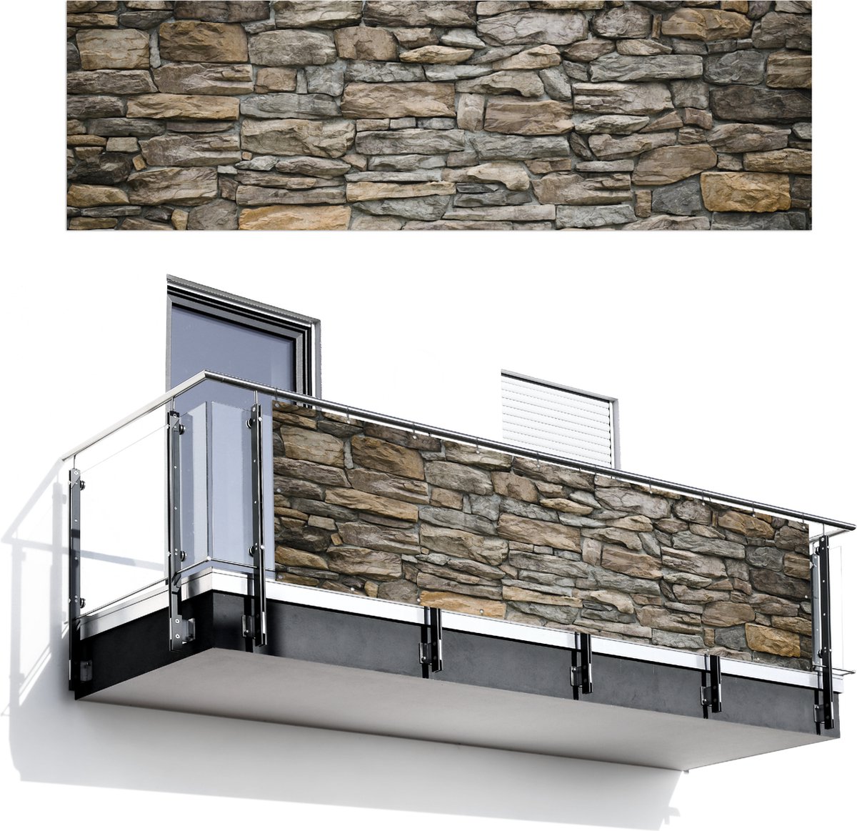 Balkonscherm 300x90 cm - Balkonposter Stenen - Steenoptiek - Grijs - Balkon scherm decoratie - Balkonschermen - Balkondoek zonnescherm