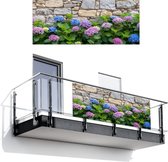 Balkonscherm 300x130 cm - Balkonposter Hortensia - Bloemen - Bladeren - Stenen - Balkon scherm decoratie - Balkonschermen - Balkondoek zonnescherm