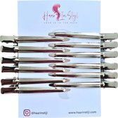 Haar in Stijl® | 12 stuks Lange Chrome Zilveren Metalen Haarclips | haarklem | kapper haar tools clips klips klem | platbek | kappers haarklemmen | 12x Stevige Professionele afdeelklemmen