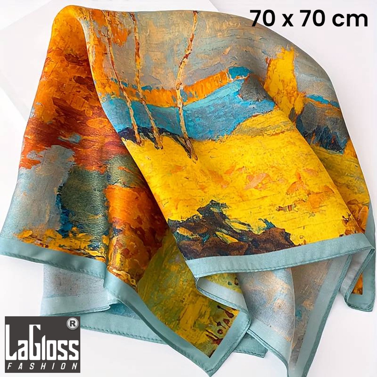 LaGloss® Luxe Vintage Blauw Gouden Sjaal - Winddicht & Zonbeschermend - Hoofddoek - Haar accessoire - Goud Kleurblok - Vierkant - 70 x 70 cm %%