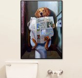 Allernieuwste.nl® Canvas Schilderij Grappige Hond Leest Krant Op WC - Humor - kleur - 30 x 40 cm - Toilet