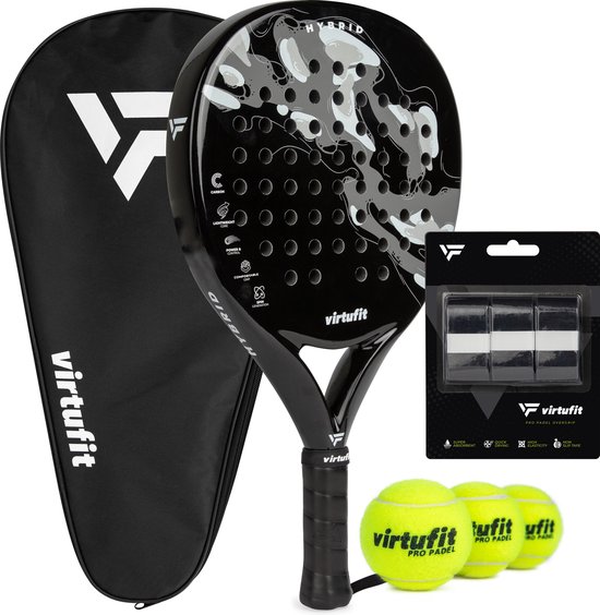 VirtuFit Hybrid Padel Set - Zwart / Grijs - Incl. Tas, 3 Ballen & Overgrips