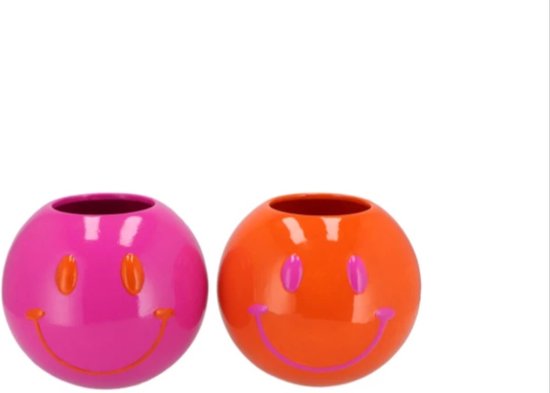 Smiley face pot fuchsia/orange 11x11x9cm - set van 2