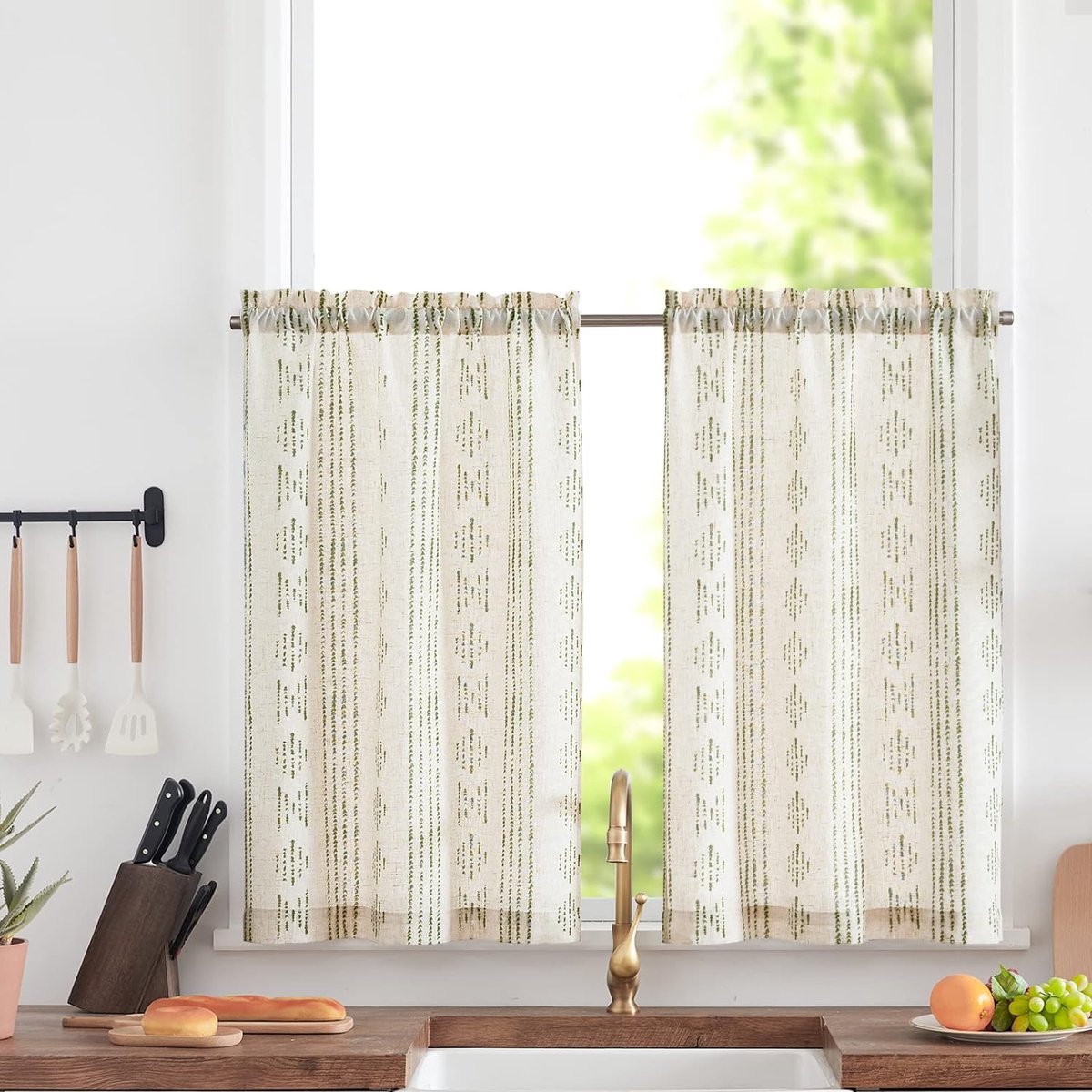 Vangao Wavel-Vitrage, modern, keuken, beige, bistrogordijn, set van 2, 90 x 90 cm (b x h), effen, landhuisgordijnen, kort met stangdoorgang, lichtfiltering, keukengordijnen, woonkamer, caravan, korte