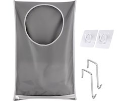 Ophangbare Wasmand - 77x50 cm - Grijs - Opvouwbare Wasmand - Plakhaakjes Zelfklevend - Deurhaakjes - Rits