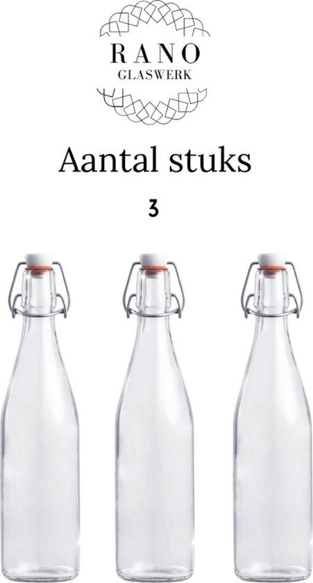 Drie glazen beugelflessen met zilverkleurige beugel en witte dop, op witte achtergrond.
