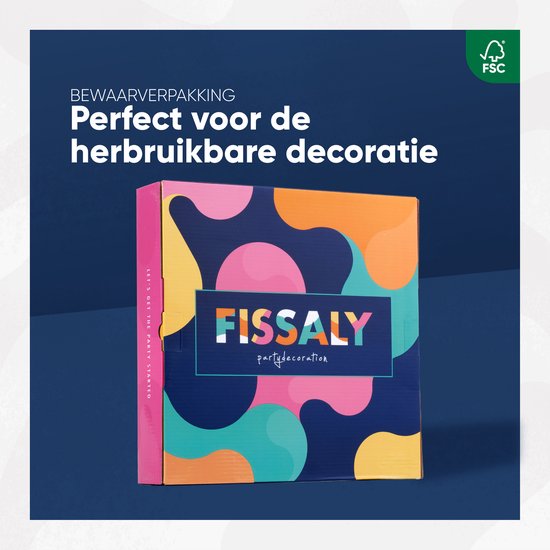 Doos met de tekst 'Perfect voor de herbruikbare decoratie' en het Fissaly logo.