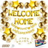 Fissaly Welkom Thuis Gouden Versiering – Welcome Home Decoratie - Suprise Party – Inclusief Ballonnen, Slingers, Vlaggenlijn, Caketoppers & Accessoires