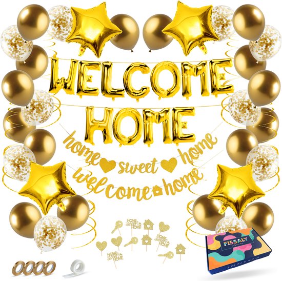 Fissaly Welkom Thuis Gouden Versiering – Welcome Home Decoratie - Suprise Party – Inclusief Ballonnen, Slingers, Vlaggenlijn, Caketoppers & Accessoires