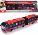 Doos met rode gelede stadsbus met zwarte accenten, blauwe ruiten en elektrisch logo. Boven foto van bus.