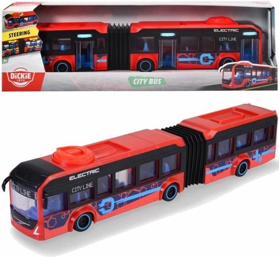 Doos met rode gelede stadsbus met zwarte accenten, blauwe ruiten en elektrisch logo. Boven foto van bus.