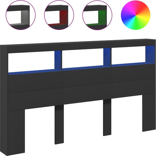 vidaXL - Hoofdbordkast - met - LED-verlichting - 180x17x102 - cm - zwart