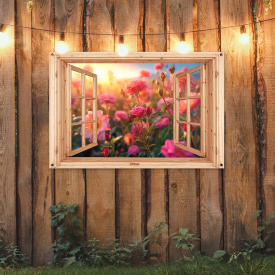 Tuinposter doorkijk bloemen - Lichtbruin raam - Tuindecoratie roze rozen - 120x80 cm - Poster voor in de tuin - Buiten decoratie - Schutting tuinschilderij - Tuindoek muurdecoratie - Wanddecoratie balkondoek