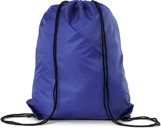 Donkerblauwe gymtas met zwarte trekkoorden, staand op een witte achtergrond.