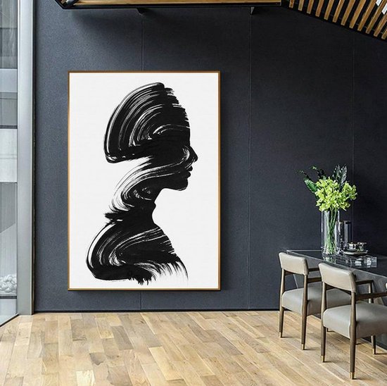 Allernieuwste.nl® Canvas Schilderij * Silhouette Meisje Abstract in Zwart Wit * - Kunst aan je Muur - Modern Abstract - zwartwit - 60 x 90 cm