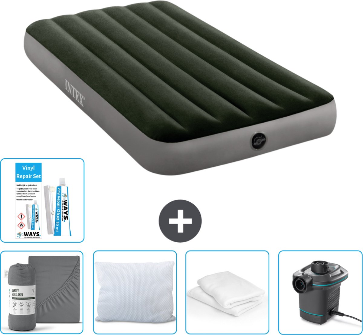 Intex Luchtbed - 1-Persoons - 99 x 191 x 25 cm - Groen - Inclusief Hoeslaken - Kussen - Pomp - Reparatieset en Kussenbeschermer
