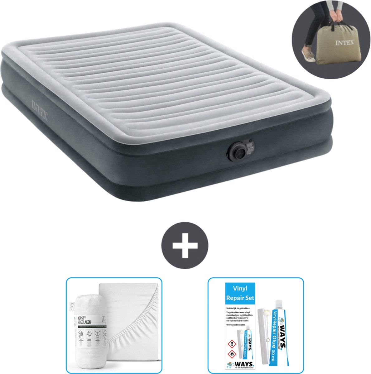 Intex Luchtbed - Twijfelaar - 137 x 191 x 33 cm - Grijs - Inclusief pomp - Accessoires CB16