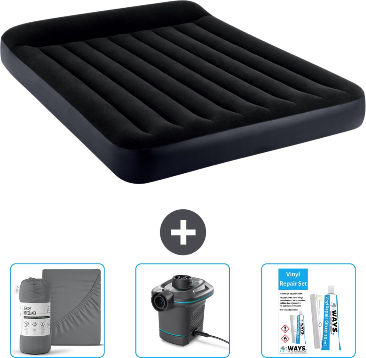 Intex Luchtbed - 2-Persoons - 152 x 203 x 25 cm - Donkerblauw - Inclusief Hoeslaken - Pomp en Reparatieset