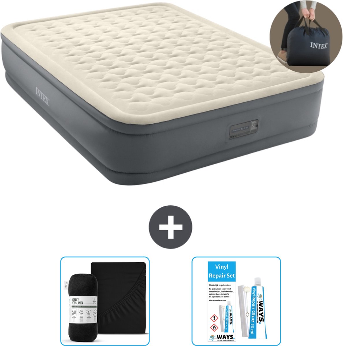 Bol.com Intex Luchtbed - 2-Persoons - 152 x 203 x 46 cm - Grijs - Inclusief pomp - Hoeslaken en Reparatieset aanbieding