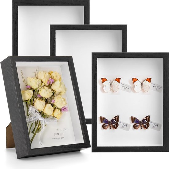 Set van 4 schaduwbox-fotolijsten, 20 x 15 cm, houten frame, geheugenvitrine, 3 cm diepe schaduwdozen voor bloemen, memorabilia, ambachten, foto's, medailles en kaartjes, zwart