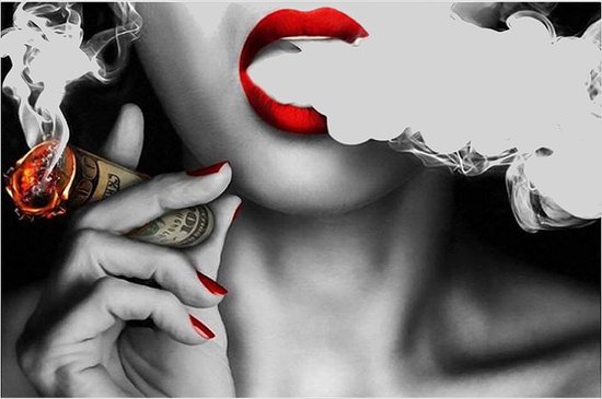 Allernieuwste.nl® Canvas Schilderij * Dollar Rokende Dame * - Kunst aan je Muur - Realistisch - ZwartWit Rood - 50 x 70 cm