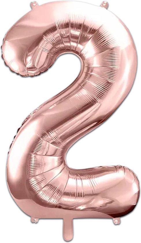 Cijfer 2 ballon, rose goud, van glanzende folie, 86cm, met ophanglusjes.