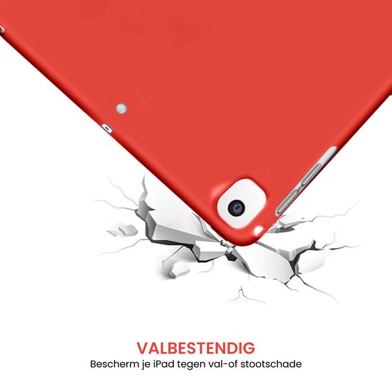 Rode iPad hoes valt op gebroken ondergrond, beschermt tegen vallen.