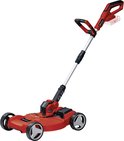 Rode elektrische grasmaaier met wielen en verstelbare steel, geïsoleerd op witte achtergrond.