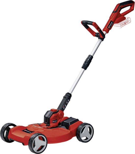 Rode elektrische grasmaaier met wielen en verstelbare steel, geïsoleerd op witte achtergrond.