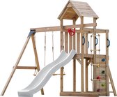 AXI Moos Aire de jeux avec balançoire double et échelle en corde marron - toboggan blanc - bac à sable et mur d'escalade - télescope et guidon - bois FSC – Maisonnette de jardin