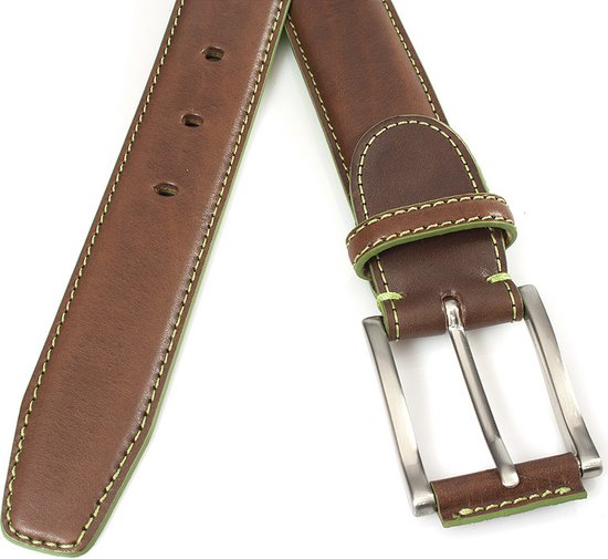 JV Belts Bruine heren riem met limegroen stiksel - heren riem - 3.5 cm breed - Bruin - Echt Leer - Taille: 120cm - Totale lengte riem: 135cm