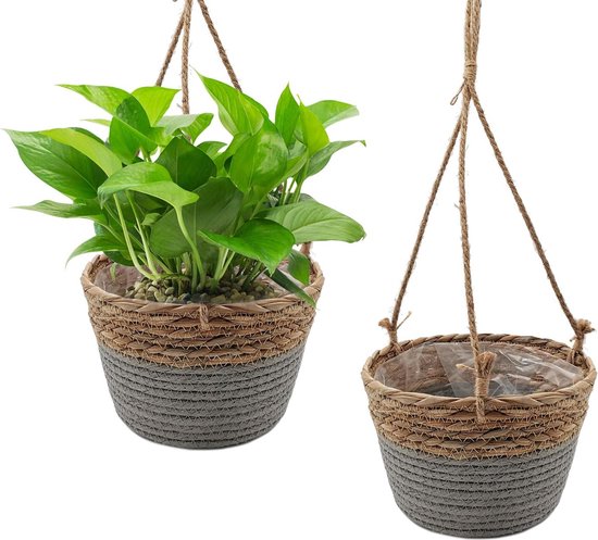 Panier de plantes suspendu, 2 pièces, cintre de fleurs bohème, 20 cm, plantes tissées à la main, jardinière, pot suspendu, panier, panier de plantes naturelles, lampe suspendue, cintre de plantes, gris