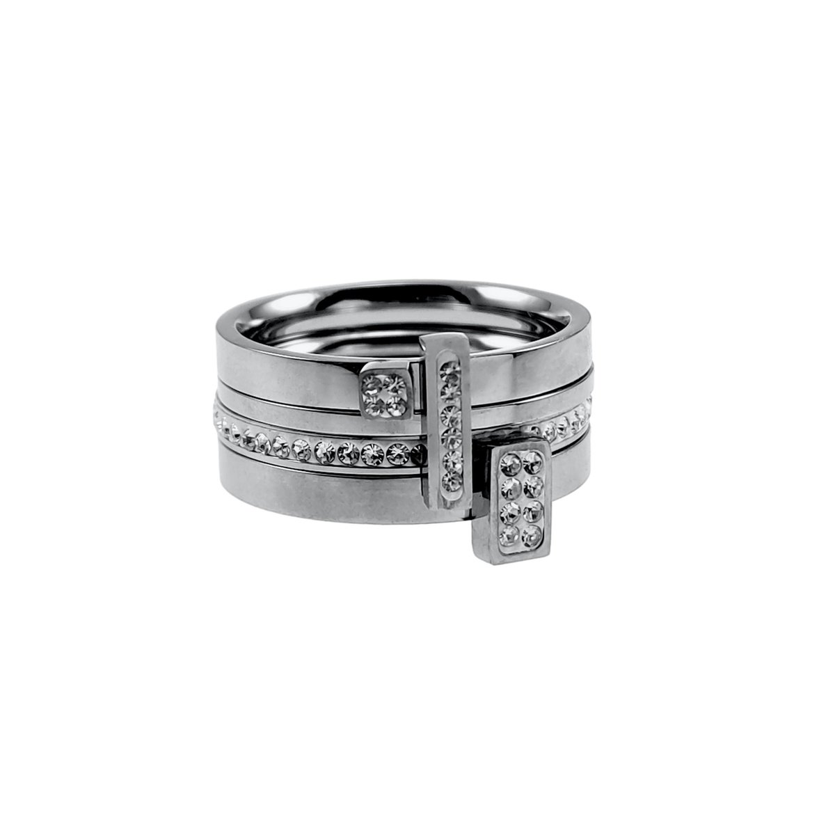 Set van Vier Ringen Dames - Gepolijst RVS - Ringen met Strass