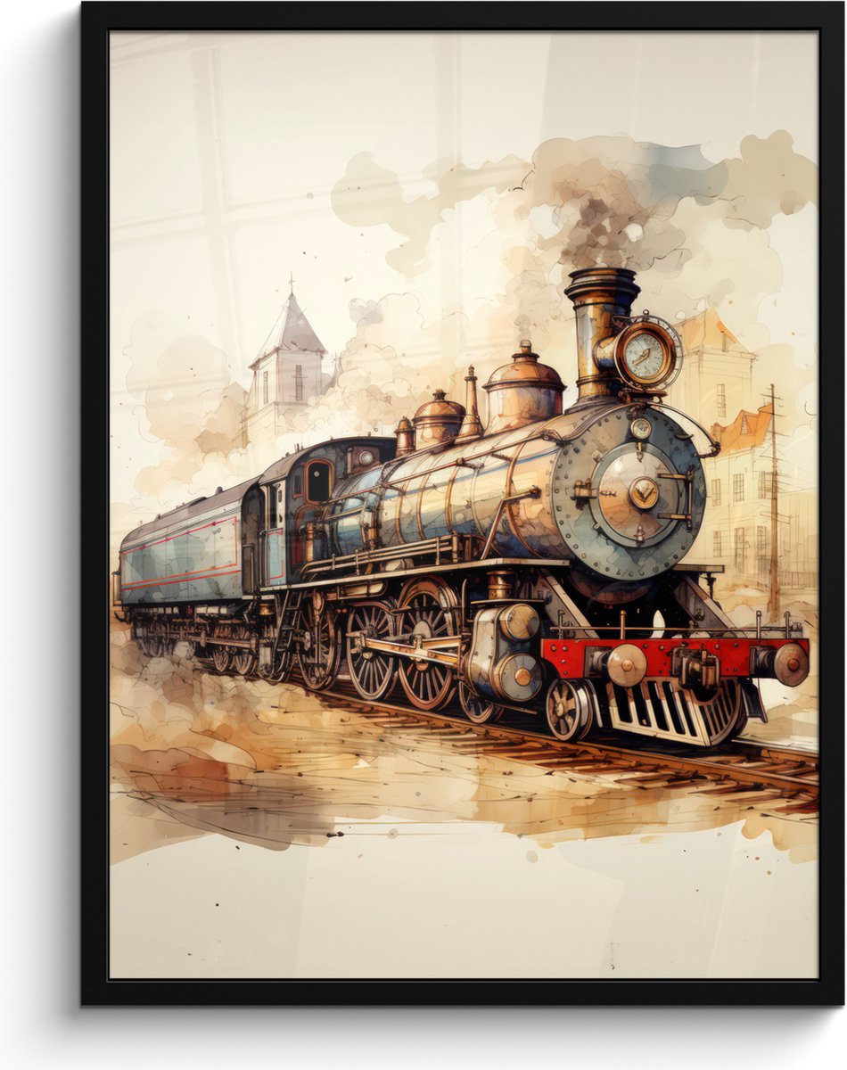 FrameYourWall Poster in lijst - Fotolijst 60x80 cm - Posters - Vintage - Trein - Spoor - Gebouw - Beige - Posterlijst zwart - Decoratie - Wanddecoratie woonkamer - Muurdecoratie slaapkamer Stoomtrein