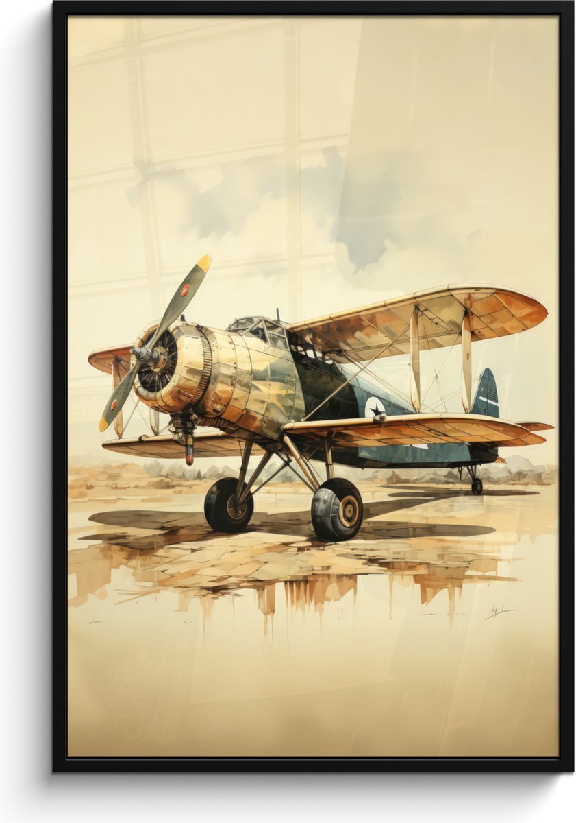 FrameYourWall Poster in lijst - Fotolijst 80x120 cm - Posters - Vintage - Vliegtuig - Water - Beige -Voertuig - Posterlijst zwart - Decoratie - Wanddecoratie woonkamer - Muurdecoratie slaapkamer