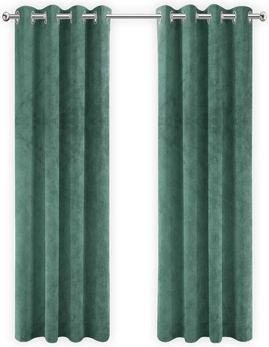 Gordijnen Groen Velvet Kant en klaar 140x175cm - Kant en klare gordijnen met ringen Velours - Fluwelen Verduisterende gordijnen