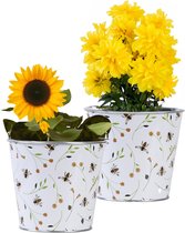 Esschert Design Seau/pot de fleurs/pot de fleurs Happy Bee - 2x - zinc - impression - L15 x P16 X H14 cm