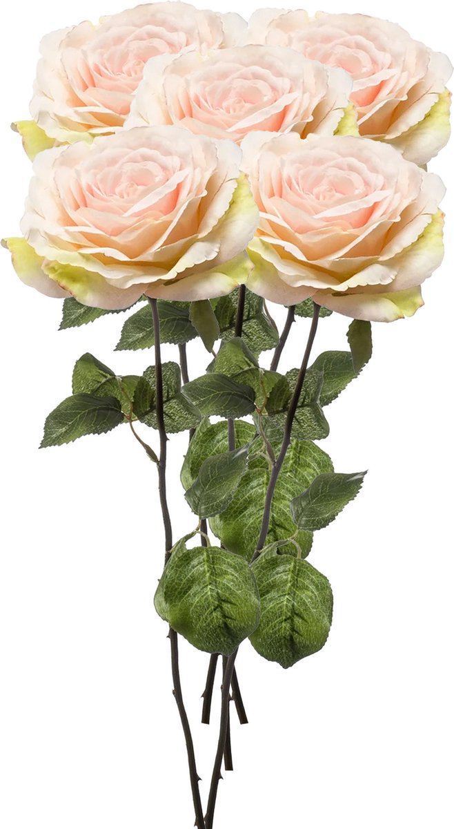 Emerald Kunstbloem Roos Laurie tak - 5x - 57 cm - licht roze - Kunst zijdebloemen Lichtroze