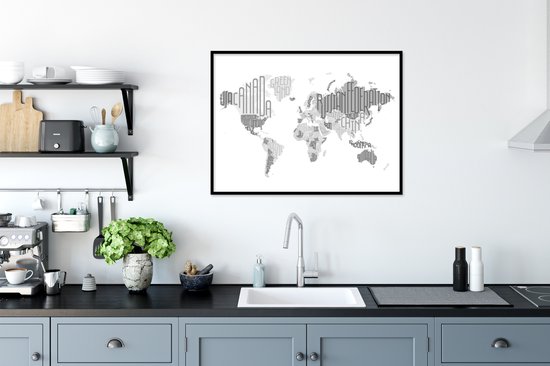 Affiche avec cadre Wereldkaart - Lettres - Grijs - 80x60 cm