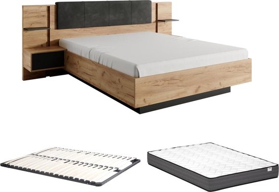 Bed met nachtkastjes – 140 x 190 cm – Met ledverlichting – Kleur: houtlook en antraciet – Met bedbodem – Met matras – ELYNIA L 236.4 cm x H 104.4 cm x D 200 cm
