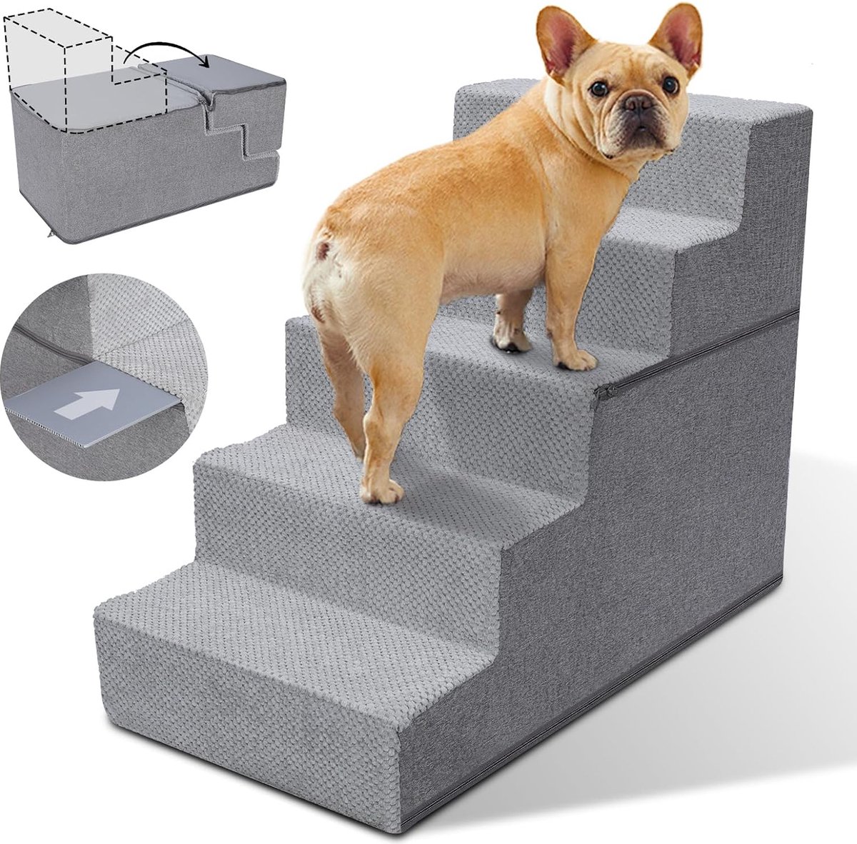 Sytopia Hondentrap voor bed, antislip huisdiertrap voor kleine honden en katten, huisdieroprit voor bank met schuim van hoge dichtheid en afneembare hoes, 5 treden