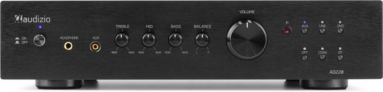 Zwarte hifi-versterker met aan de voorzijde knoppen voor aan/uit, koptelefoon, AUX, Treble, Mid, Bass, Balance en Volume.