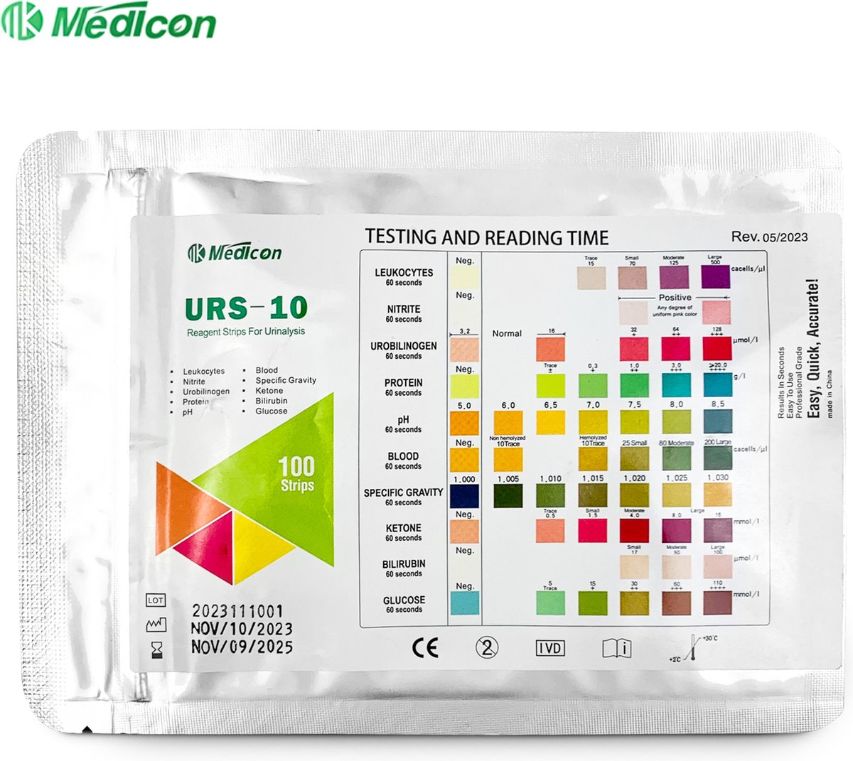 Goedkoopste Medicon 10 - 100 teststrips - Urine - 10 parameters - Leukocyten - Nitriet - Urobilinogeen - Ketonen - Eiwitten - pH - Bloed - Soortelijk gewicht - Bilirubine - Glucose - Ketonentest - Blaasonsteking