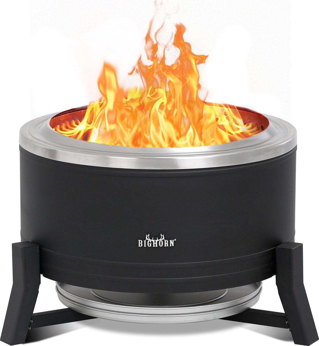 BIGHORN Stove Bonfire Rookloze Vuurkorf en BBQ Grill, met RVS grillrooster, met Beschermhoes, Rookvrije Vuurplaats, 2 in 1 Houtverbranding en Houtpellets, Vuurkorf & BBQ, Kamperen en Achtertuin, Roestvrijstaal en Staal, Zwart, Dia. ⌀ 65cm × H42cm van BIGHORN