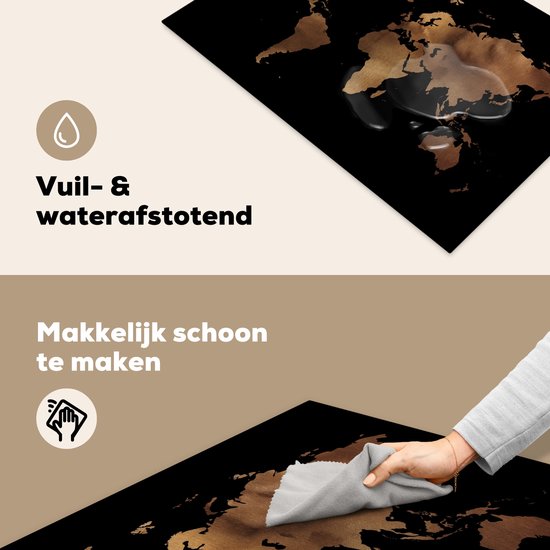 Zwarte inductiebeschermer met wereldkaartprint, waterafstotend en makkelijk schoon te maken.